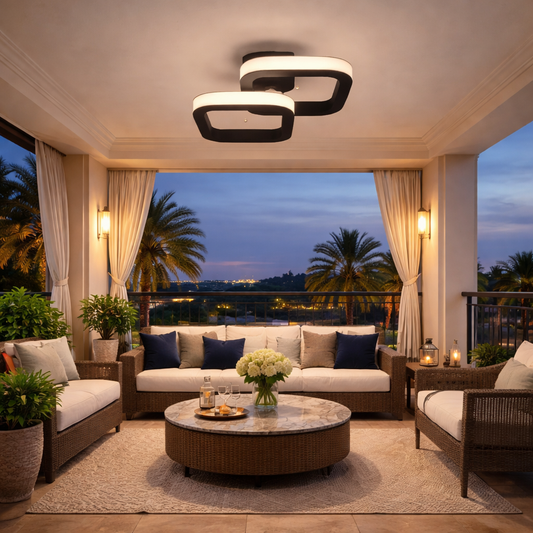 black square LED ceiling light in modern living room interior
