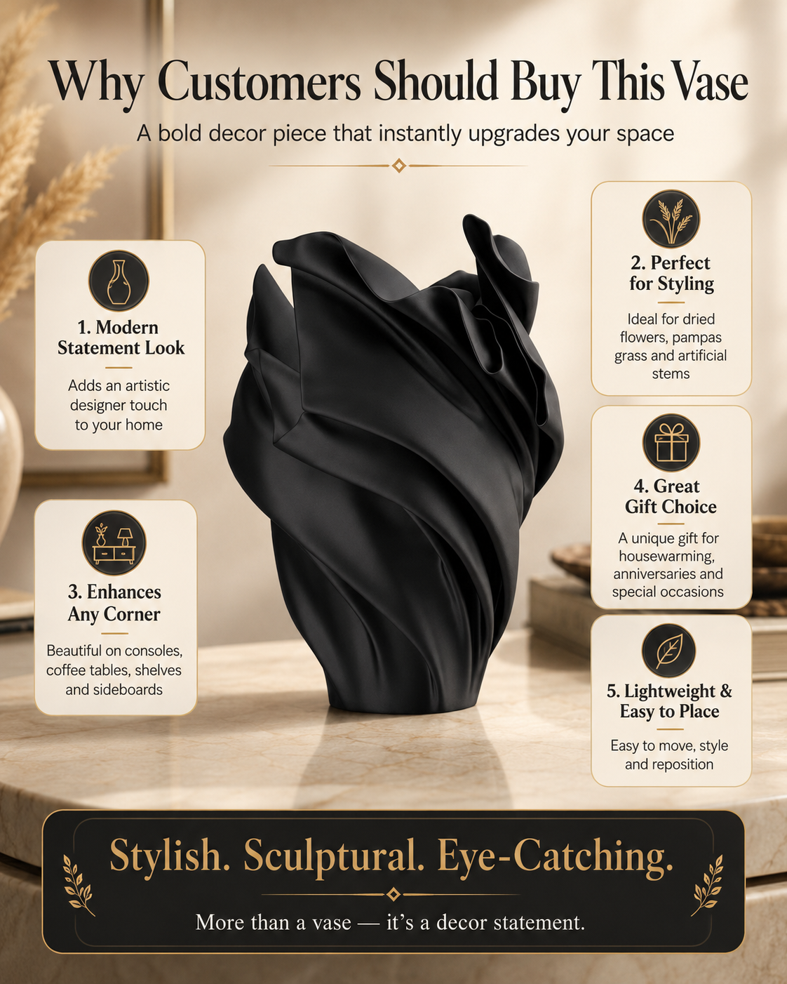 A black sculptural vase displayed on a warm beige background with marketing text overlays explaining customer benefits, including modern statement look, styling versatility, corner placement, gift choice, and ease of use.