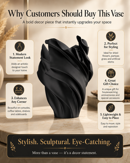 A black sculptural vase displayed on a warm beige background with marketing text overlays explaining customer benefits, including modern statement look, styling versatility, corner placement, gift choice, and ease of use.