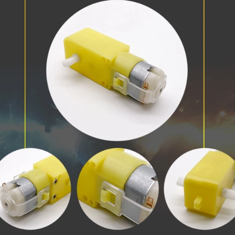 BO Gear Motor 300 RPM DC motor for robot car with yellow gearbox, multiple angle views on white background