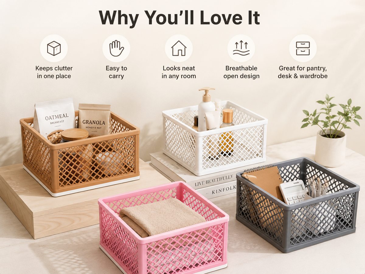 Four plastic storage baskets in natural wood, pink, white, and dark gray are arranged on a tabletop with bathroom and desk items inside. Above the products, text reads 'Why You'll Love It' with feature icons and descriptions.