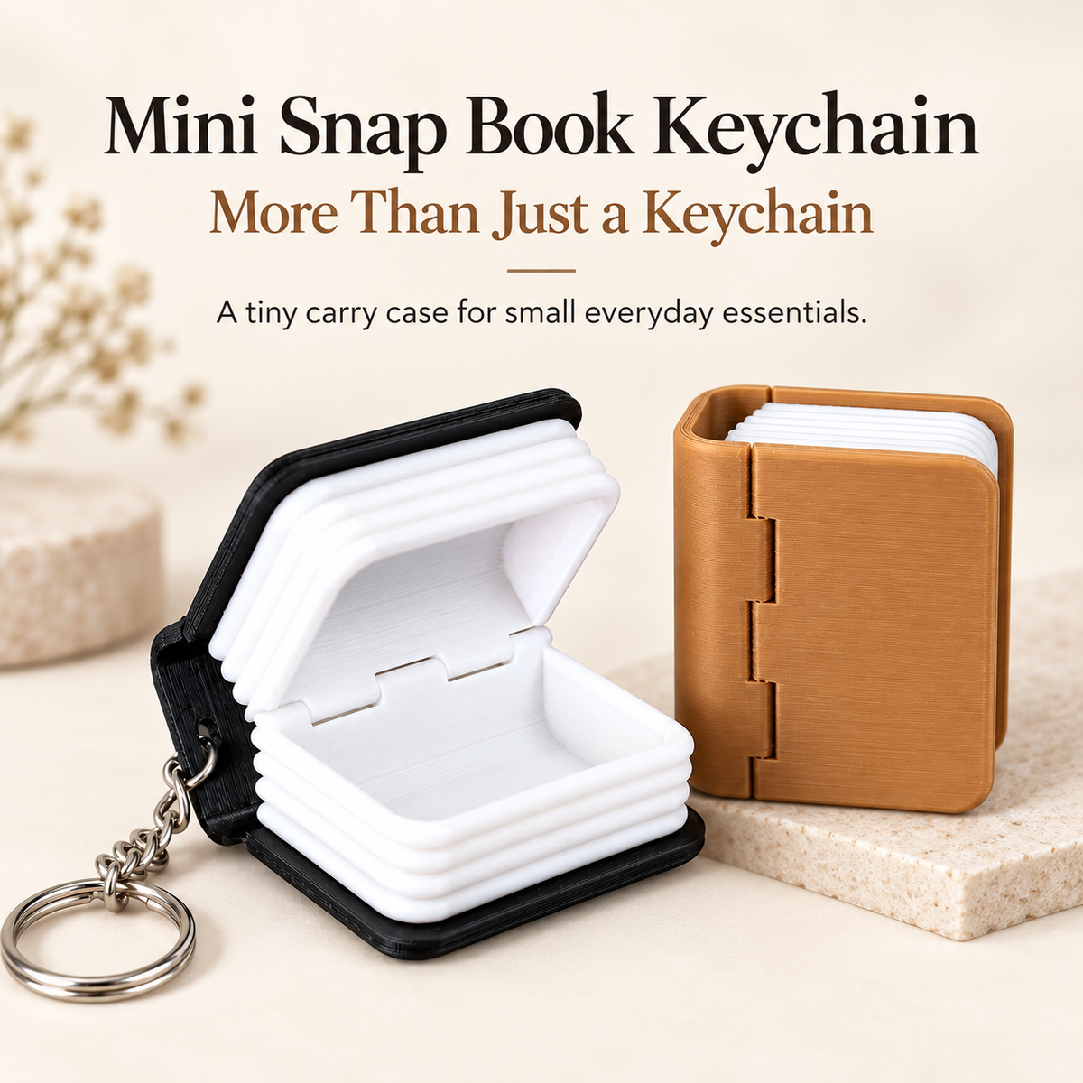 Two mini snap book keychains shown on a beige surface with decorative dried flowers in the background. One keychain is open, revealing a white interior and black outer cover, attached to a silver key ring.