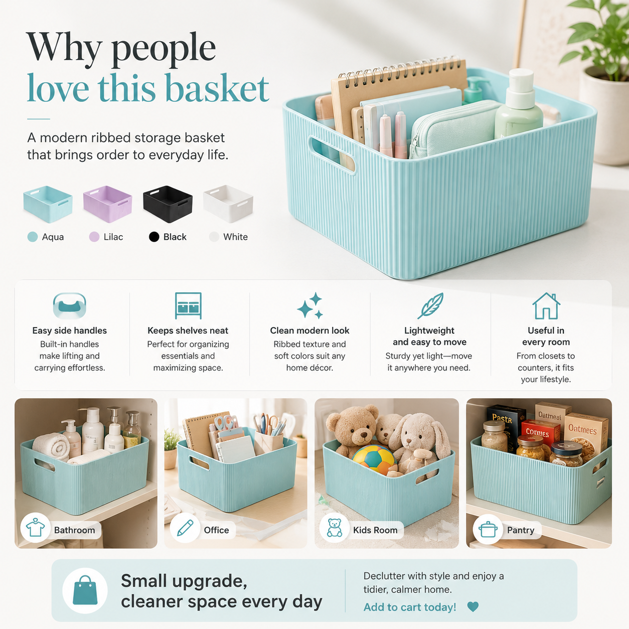 A promotional graphic for a light blue ribbed storage basket. The top section shows the basket filled with notebooks and stationery, with the headline 'Why people love this basket.