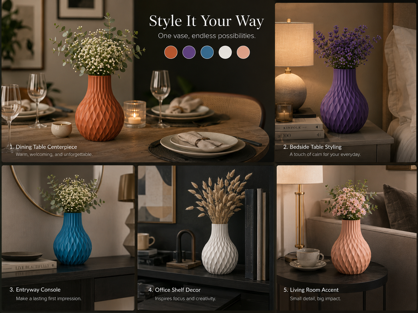 A collage of five lifestyle scenes showing a ribbed vase in different colors styled in home settings: terracotta on a dining table, purple on a bedside table, blue on a console, white on an office shelf, and peach on a side table. Text at the top reads 'Style It Your Way' with color swatches.