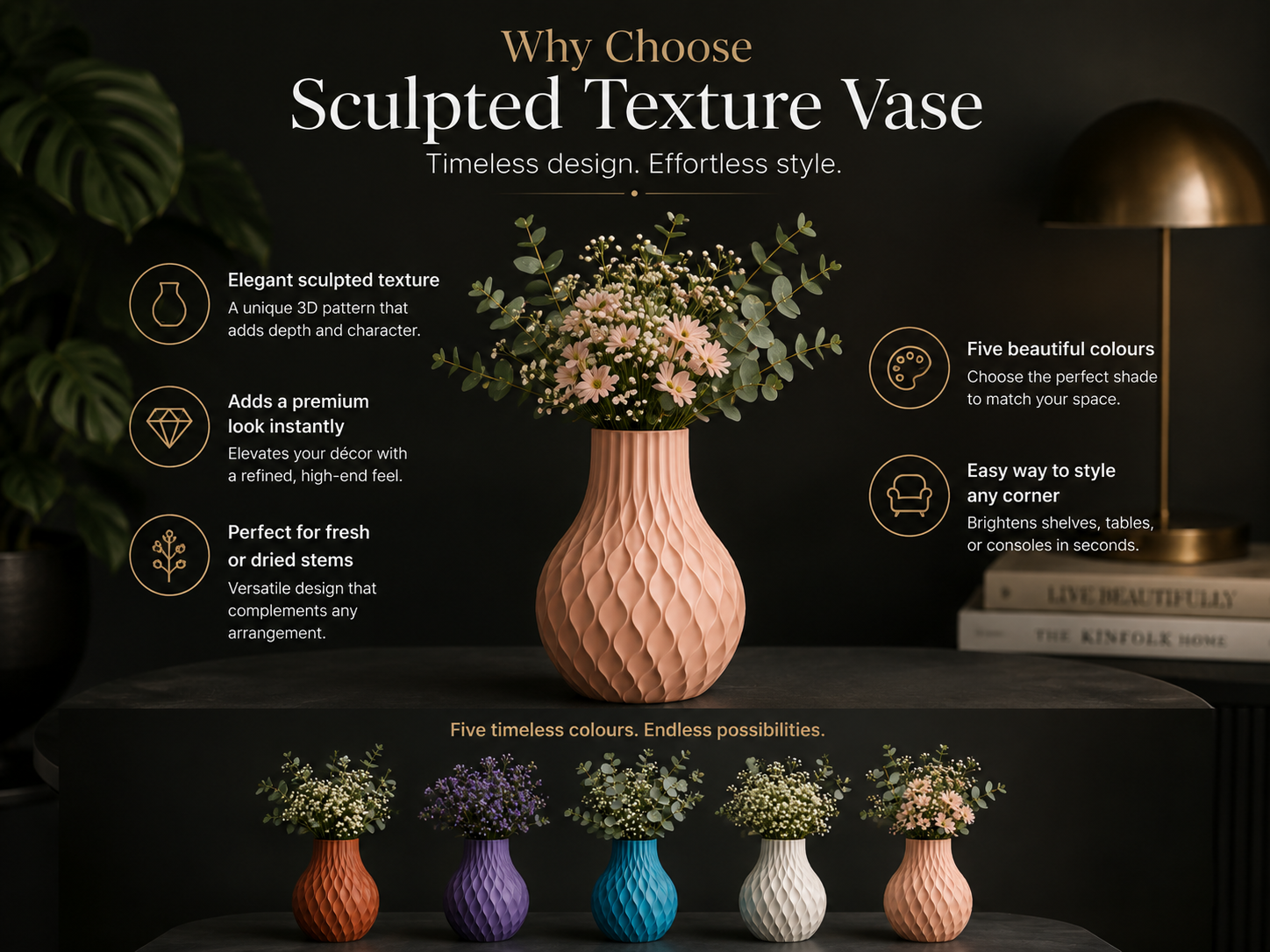 A promotional graphic for a sculpted textured vase, featuring a large peach-pink honeycomb-textured vase in the center with dried flowers, surrounded by smaller matching vases in orange, purple, blue, white, and pink. The background is a dark, moody interior with a brass lamp and books, with text overlays explaining the product's features.