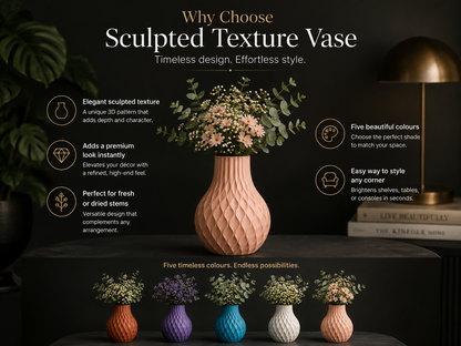 A promotional graphic for a sculpted textured vase, featuring a large peach-pink honeycomb-textured vase in the center with dried flowers, surrounded by smaller matching vases in orange, purple, blue, white, and pink. The background is a dark, moody interior with a brass lamp and books, with text overlays explaining the product's features.