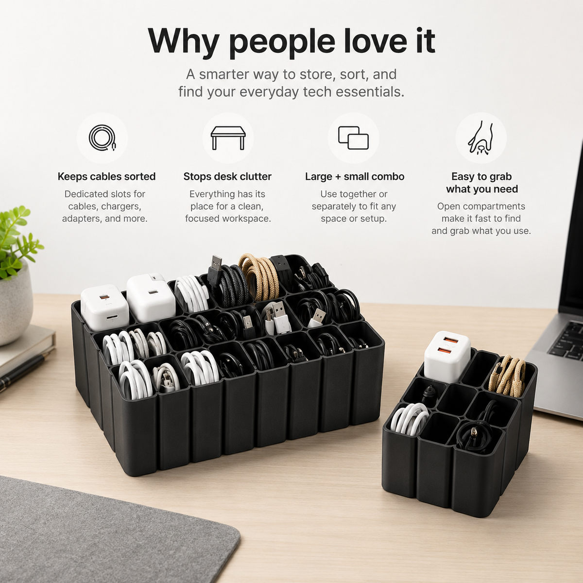 A black cable organizer tray set on a light wood desk, holding various charging cables and adapters. The scene includes marketing text at the top and parts of a plant, notebook, and laptop on the desk, making it a lifestyle/product demonstration shot.