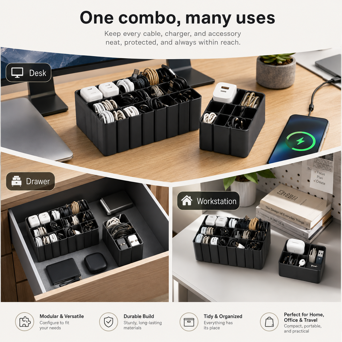 Black modular cable and accessory organizer trays shown in three lifestyle settings: on a desk, inside a drawer, and on a workstation. The image includes text explaining the product's versatility and features, along with icons highlighting key benefits like modular design, durability, and tidiness.