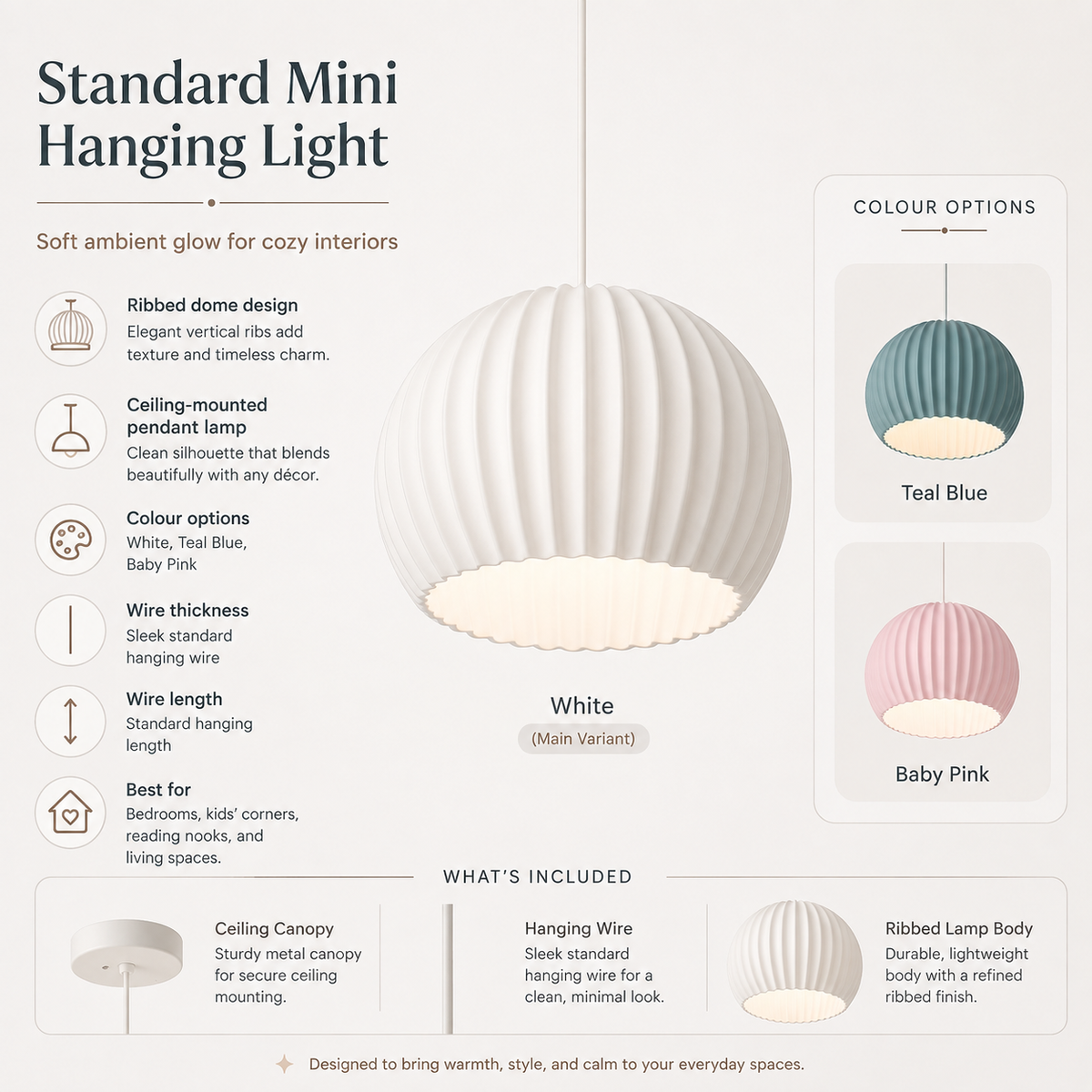 An infographic detailing the Standard Mini Hanging Light, showing product features, dimensions, and included accessories. The main product shown is a ribbed dome pendant light in white, with color options for Teal Blue and Baby Pink displayed on the right.