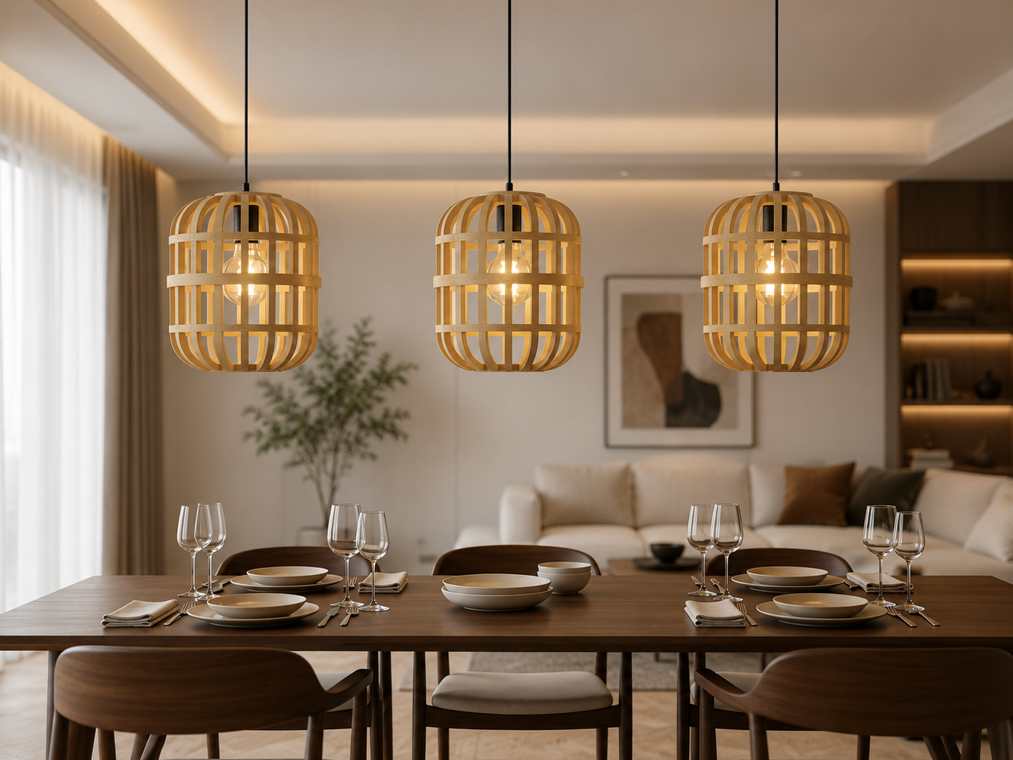 Dining room with wooden pendant lights, table set for dinner, and modern decor.
