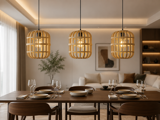 Dining room with wooden pendant lights, table set for dinner, and modern decor.