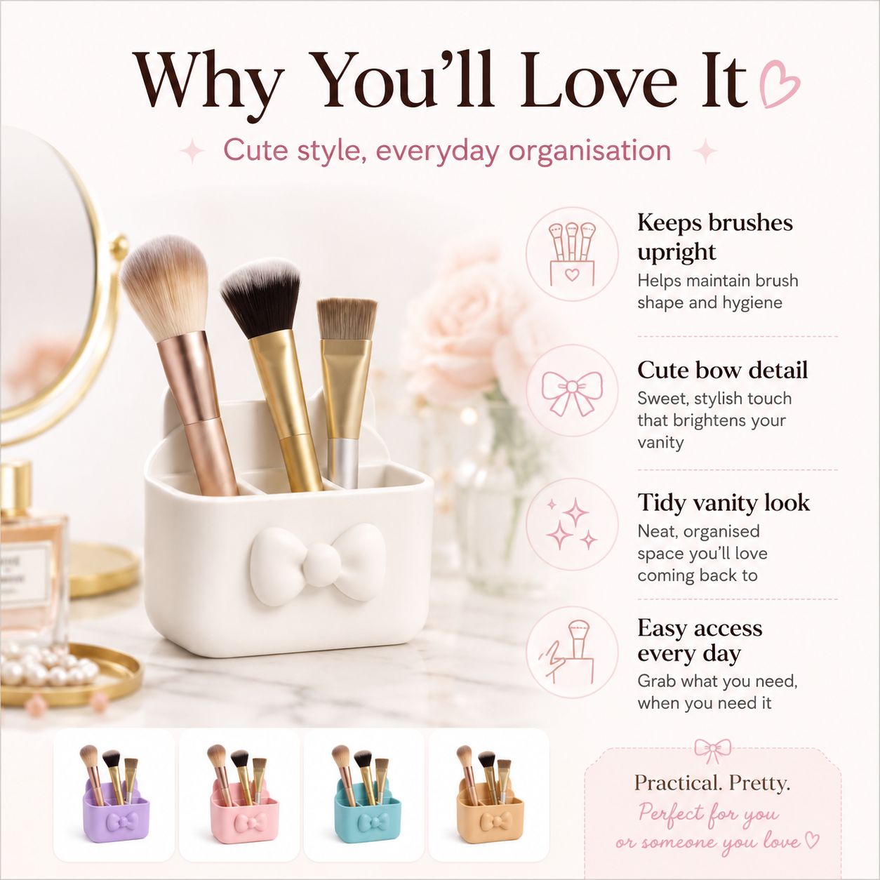 A white ceramic makeup brush holder with a bow detail, shown holding several makeup brushes on a light pink and white background. The image includes marketing text and icons describing benefits, plus small color variant thumbnails along the bottom.