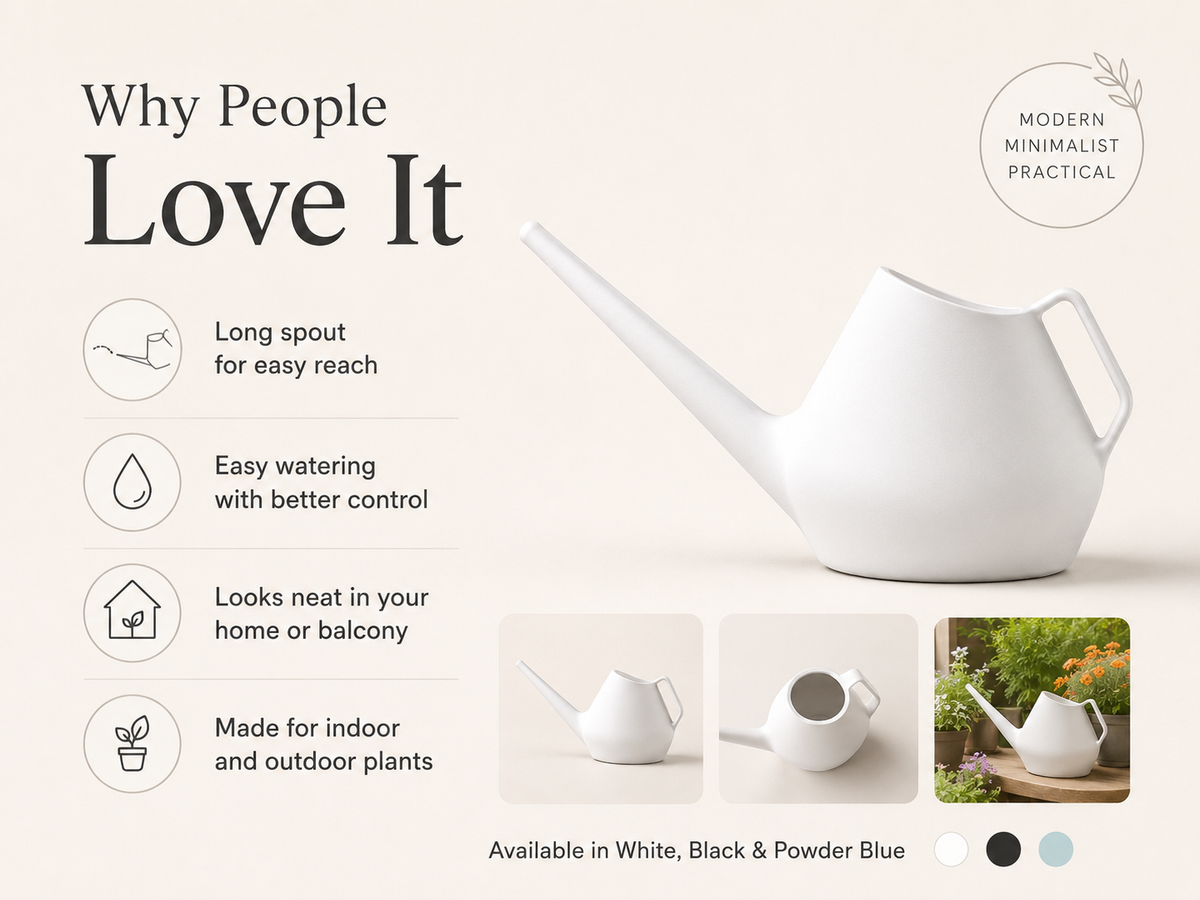 A white ceramic watering can with a long spout and handle, shown on a warm beige background with marketing text, feature icons, and small inset views of the can from different angles plus a lifestyle scene.