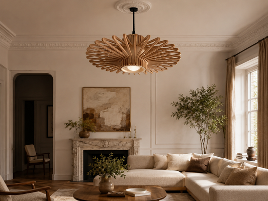 Living room with a large wooden chandelier, beige sofa, and decorative elements.
