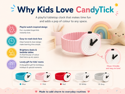 Promotional graphic for the CandyTick tabletop clock, showing a pink version prominently in the center with smaller color variants along the bottom (blue, pink, red, white, grey). The background is a soft pastel cream with decorative illustrations of a teddy bear, a rainbow, and a moon, alongside marketing text explaining why kids love the clock.