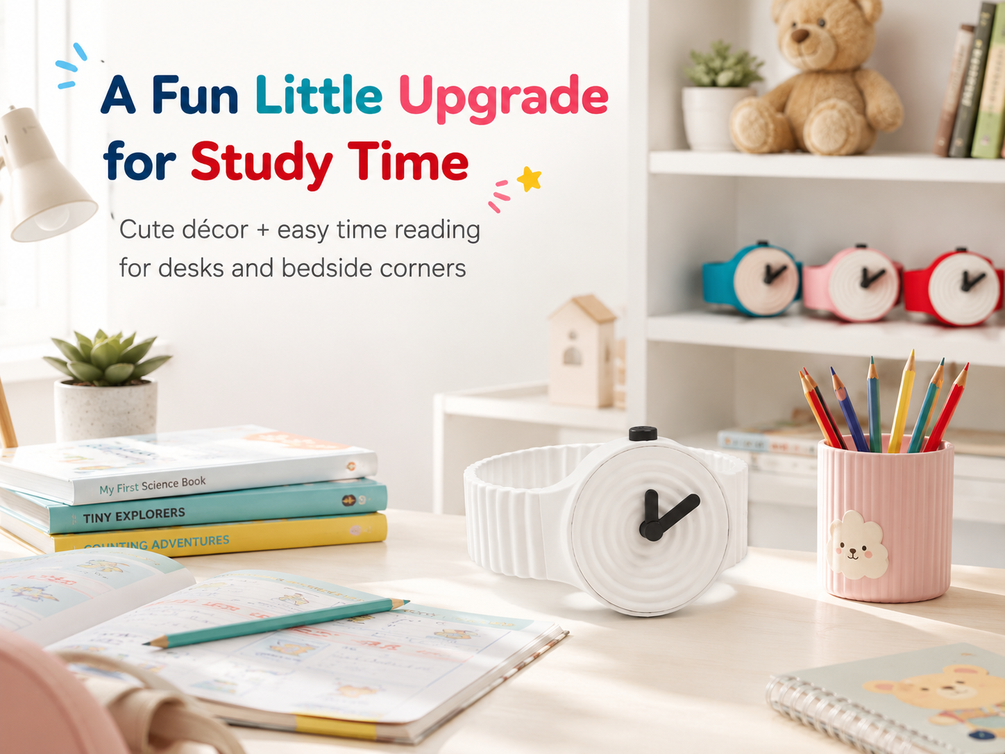 A styled desk scene with a white ribbed circular clock, notebooks, pencils in a pink cup, books, and shelves in the background. Large promotional text reads 'A Fun Little Upgrade for Study Time' with smaller copy about cute decor and easy time reading for desks and bedside corners.