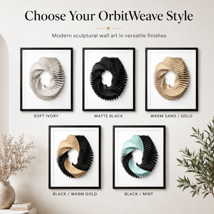 A wall art display showing five framed OrbitWeave sculptural pieces in different color finishes: Soft Ivory, Matte Black, Warm Sand / Gold, Black / Warm Gold, and Black / Mint. The frames are arranged on a light wall with decorative dried flowers and greenery at the edges.