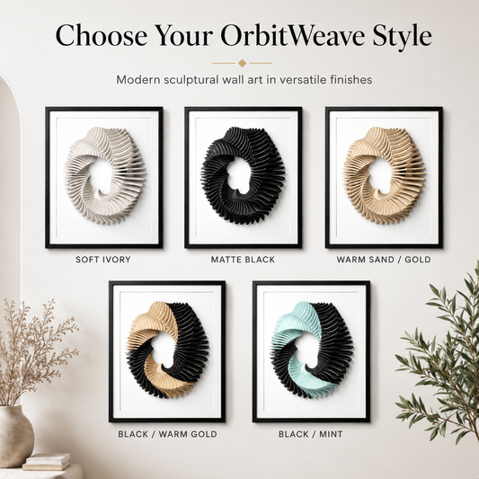 A wall art display showing five framed OrbitWeave sculptural pieces in different color finishes: Soft Ivory, Matte Black, Warm Sand / Gold, Black / Warm Gold, and Black / Mint. The frames are arranged on a light wall with decorative dried flowers and greenery at the edges.