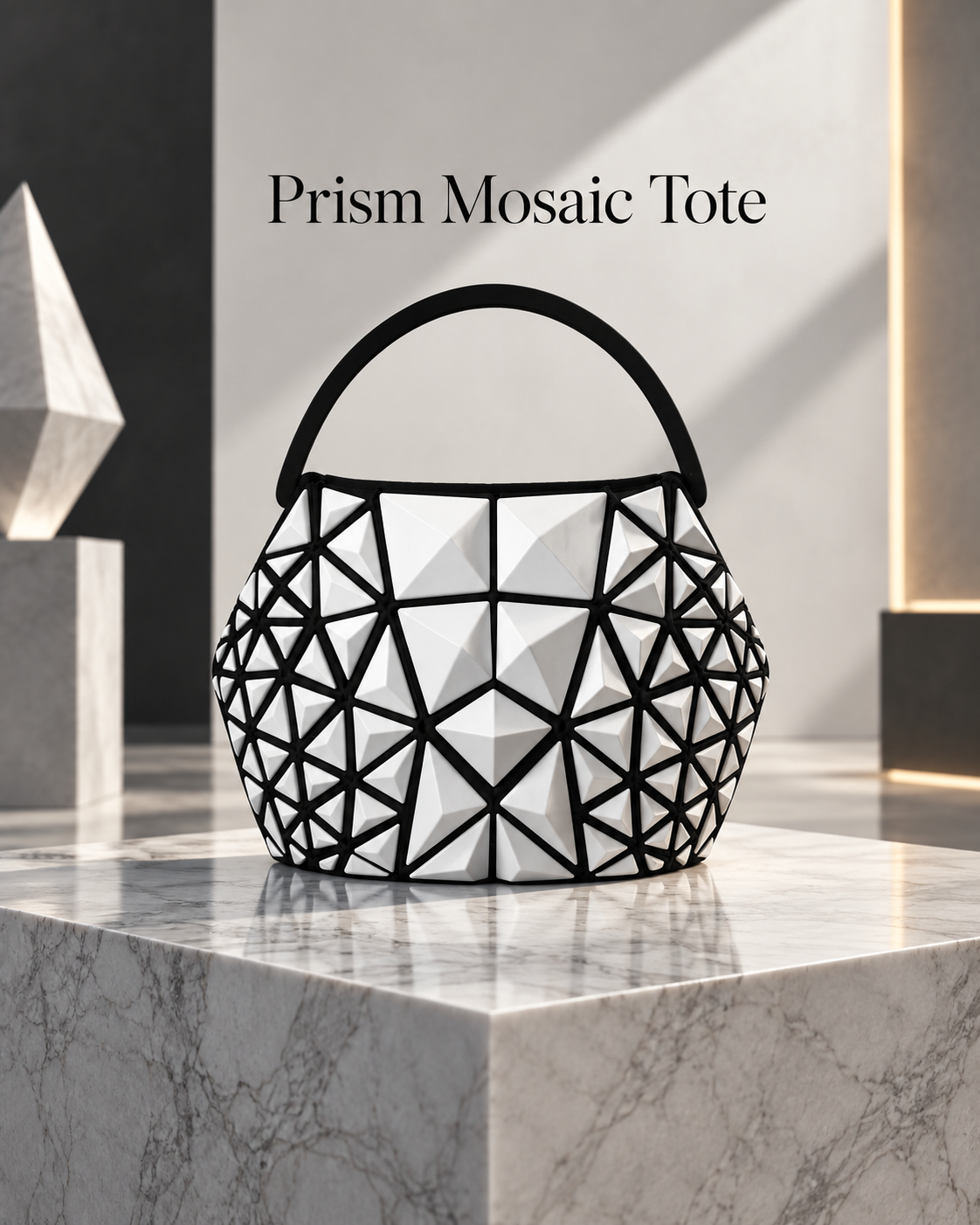 A black and white geometric Prism Mosaic Tote bag sits on a polished marble pedestal in a modern, minimalist interior setting with a gray background and text overlay reading 'Prism Mosaic Tote'.