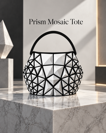 A black and white geometric Prism Mosaic Tote bag sits on a polished marble pedestal in a modern, minimalist interior setting with a gray background and text overlay reading 'Prism Mosaic Tote'.