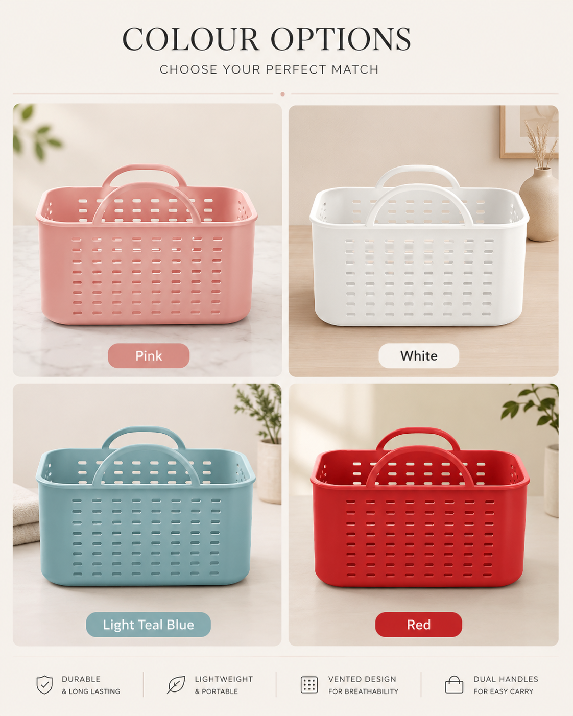 A color options graphic showing four plastic laundry baskets in different colors: pink, white, light teal blue, and red. Each basket is shown in a clean interior setting with a label underneath indicating the color name.