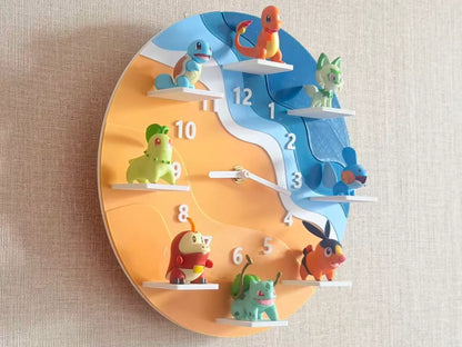 Children's wall clock with colorful dinosaur figures on a beige background