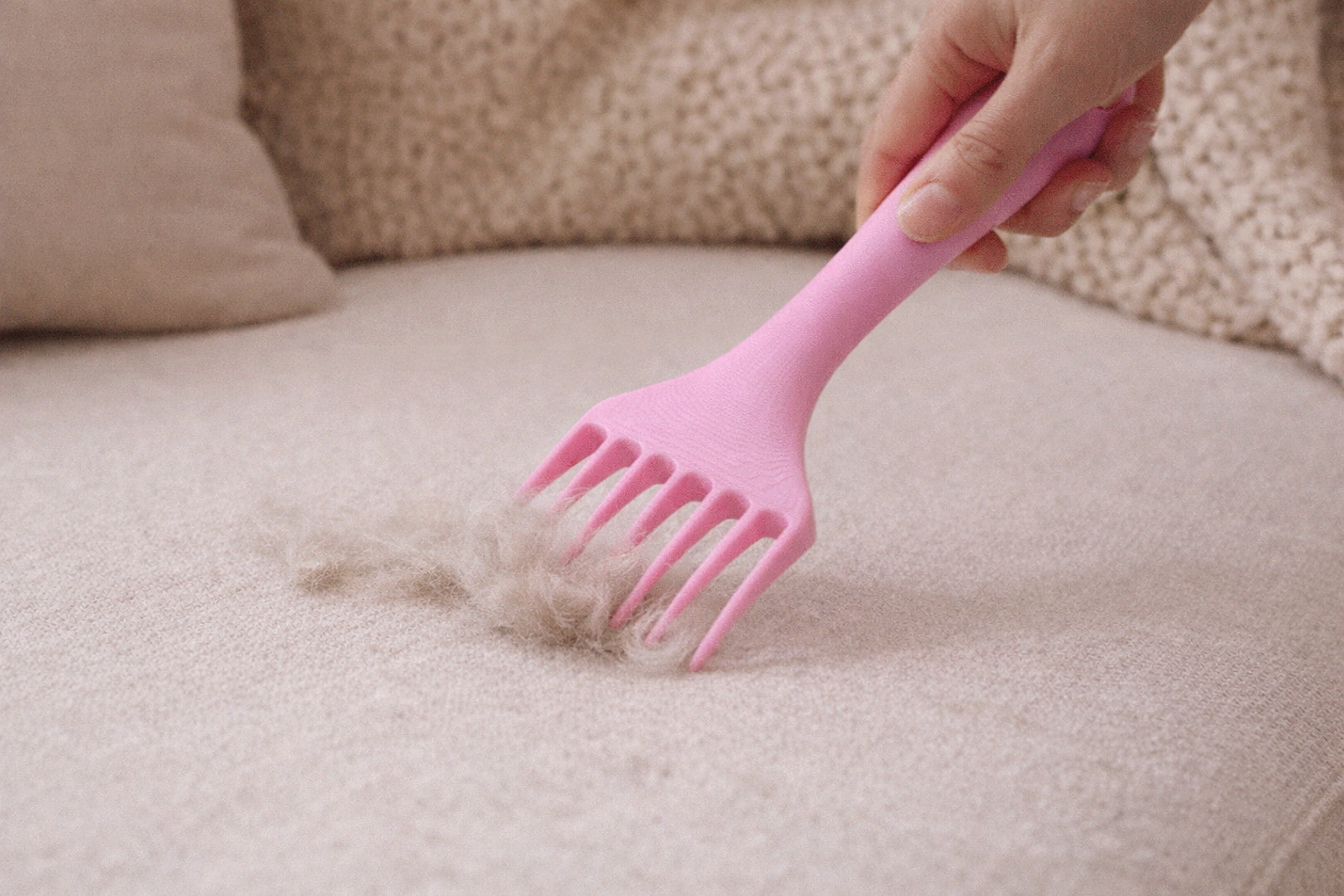 Pink pet grooming comb being used on a sofa