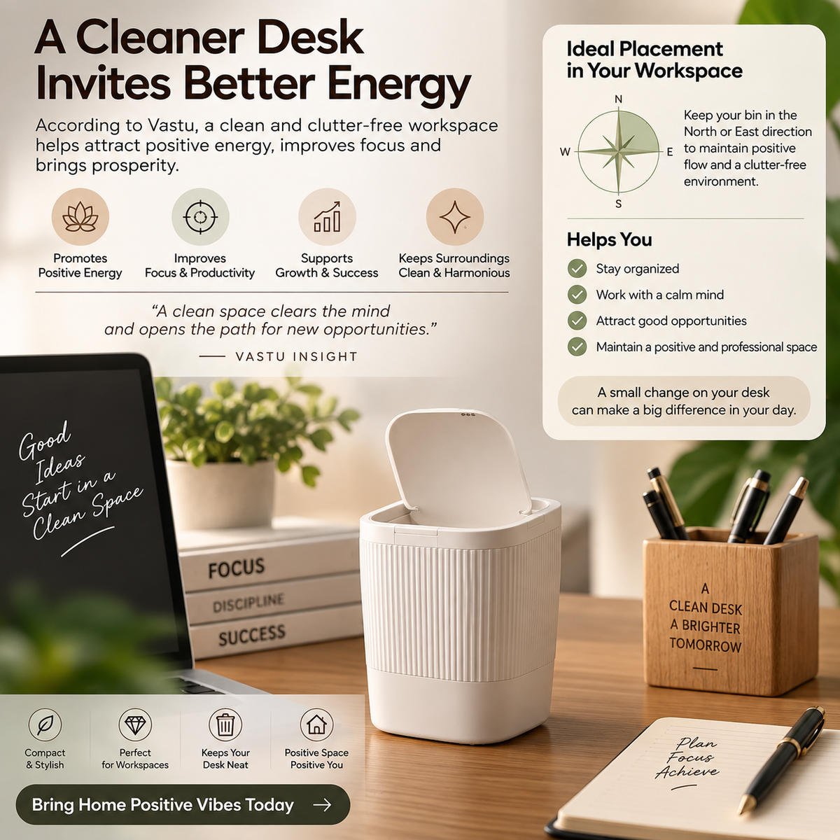 A promotional desk setup scene with a white ribbed mug, black notebook, wooden pen holder, and other desk accessories arranged on a tabletop. The image includes marketing text panels explaining the benefits of a clean desk and workspace, with a compass graphic and callout text such as 'Ideal Placement in Your Workspace' and 'Helps You'.