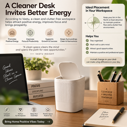 A promotional desk setup scene with a white ribbed mug, black notebook, wooden pen holder, and other desk accessories arranged on a tabletop. The image includes marketing text panels explaining the benefits of a clean desk and workspace, with a compass graphic and callout text such as 'Ideal Placement in Your Workspace' and 'Helps You'.