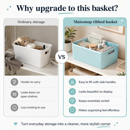 Promotional comparison graphic for a ribbed storage basket, showing an ordinary white basket on the left labeled 'Ordinary storage' and a light blue ribbed basket on the right labeled 'Maisonup ribbed basket,' with feature callouts and icons.