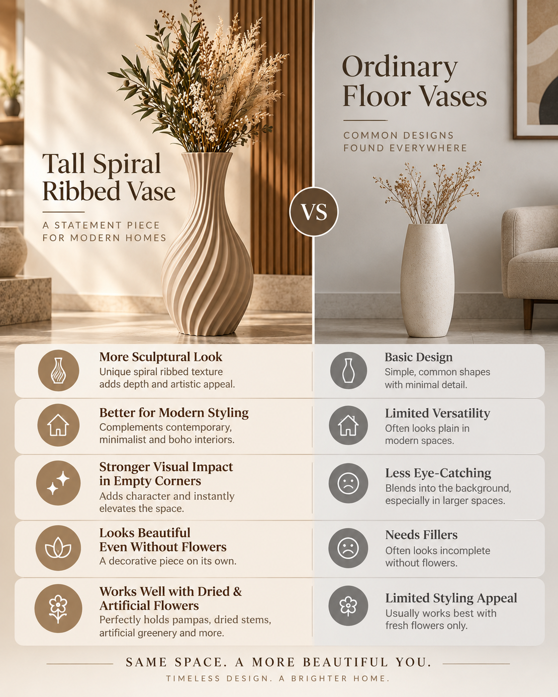 A promotional comparison graphic for tall spiral ribbed floor vases, showing a large vase on the left and a smaller matching vase on the right under the heading 'Ordinary Floor Vases.' The left side includes a lifestyle interior scene with a sofa and wall decor, while the right side is a clean product-style presentation.