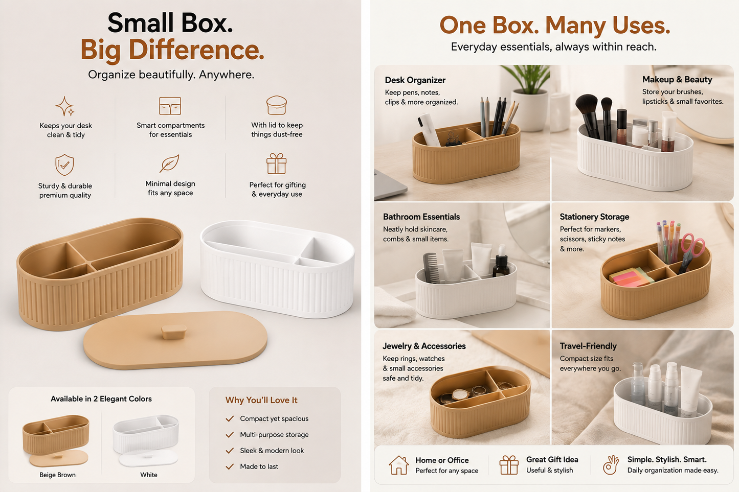A promotional collage showing a small compartment organizer in two colors: beige wood-look and white. Multiple inset photos demonstrate the organizer styled in different real-world locations such as a desk, bathroom, and travel bag, with text labels describing its versatility.