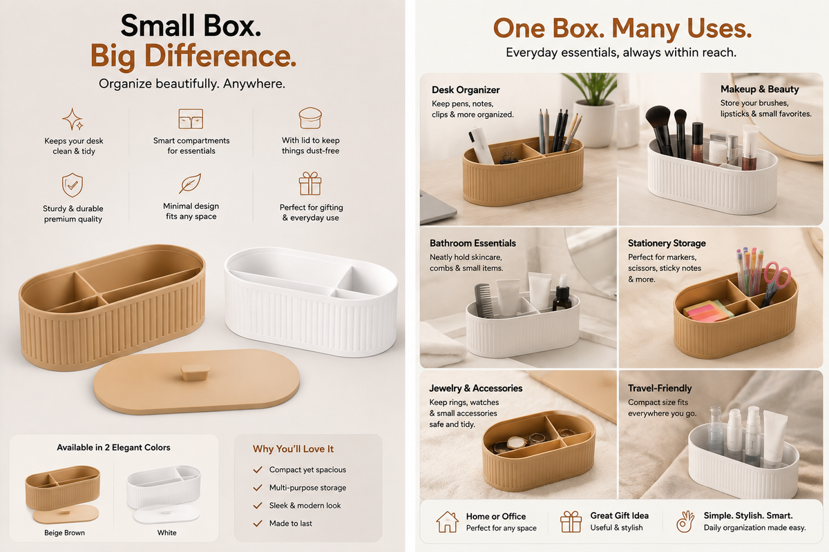 A promotional collage showing a small compartment organizer in two colors: beige wood-look and white. Multiple inset photos demonstrate the organizer styled in different real-world locations such as a desk, bathroom, and travel bag, with text labels describing its versatility.