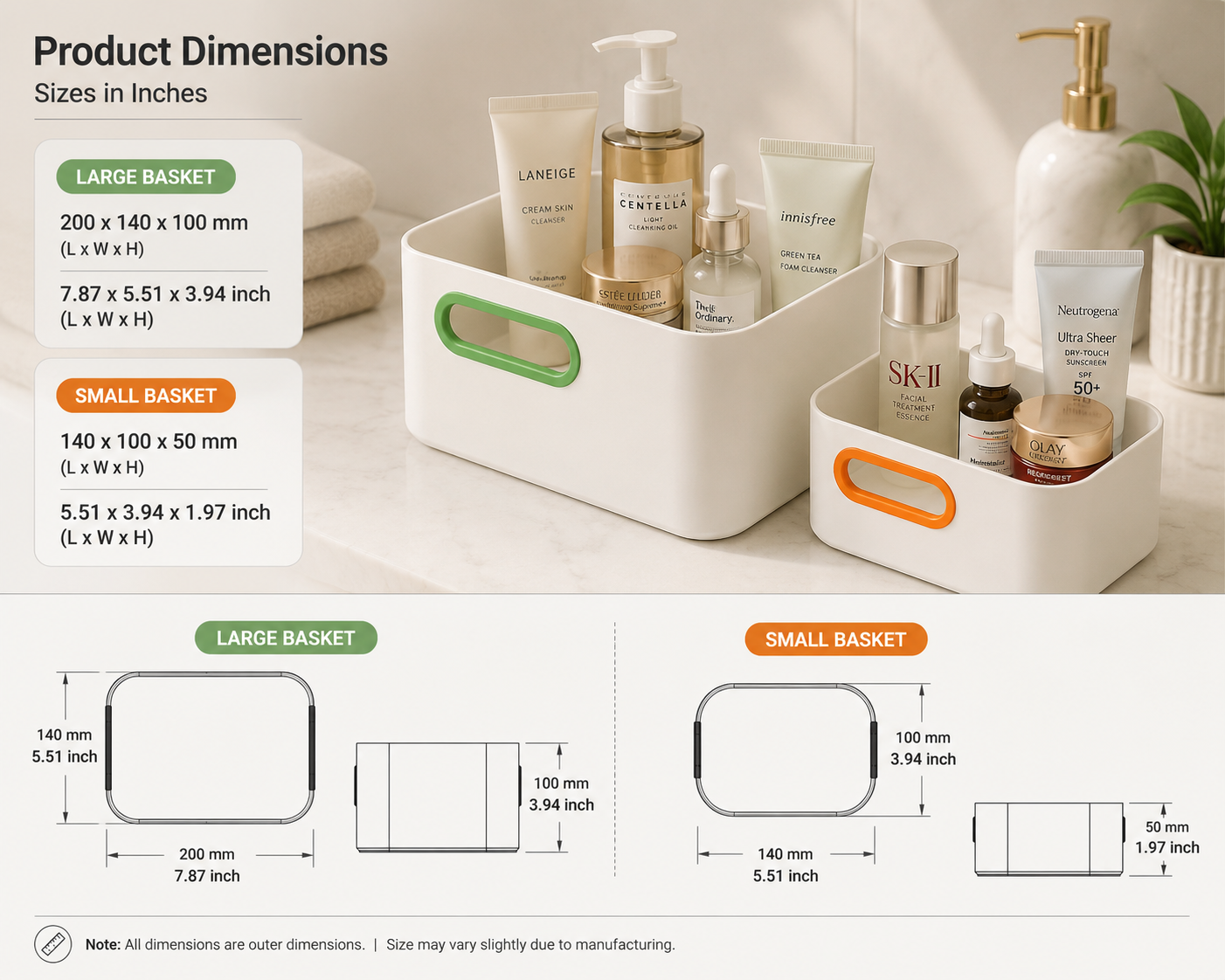 Product dimensions chart for two white plastic cosmetic storage baskets with green and orange handles, shown with sample toiletry items inside and labeled large and small basket measurements in inches.
