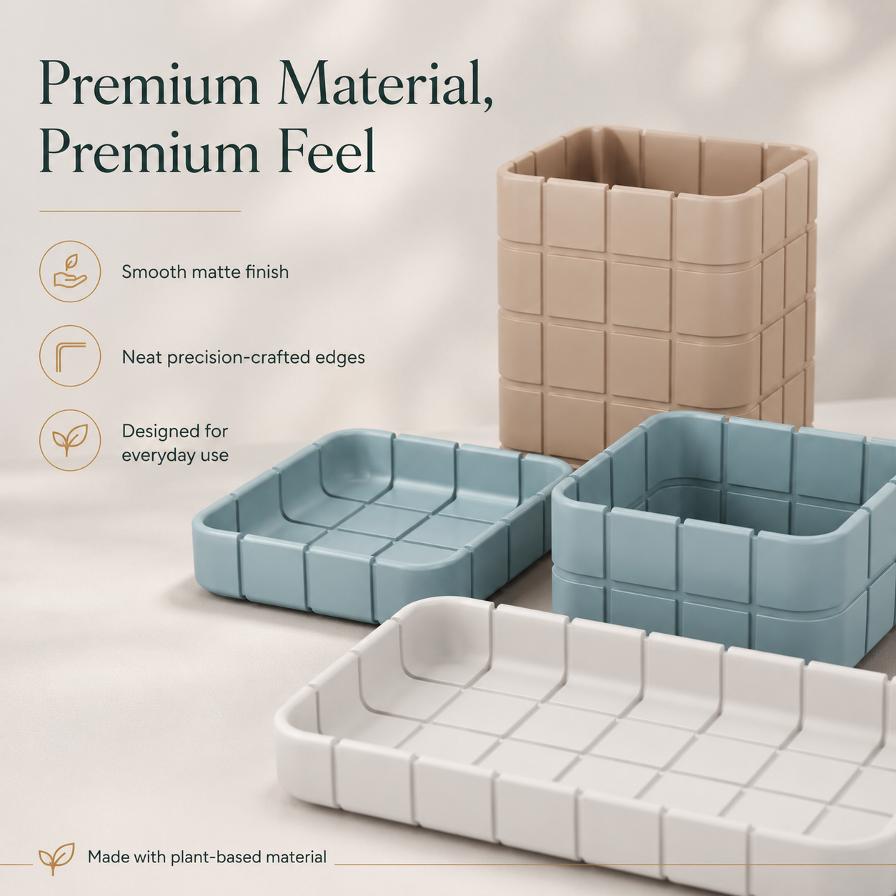 Three plant pots with a grid-like block design in beige, light blue, and white, displayed on a light beige background with promotional text highlighting premium material and design features.