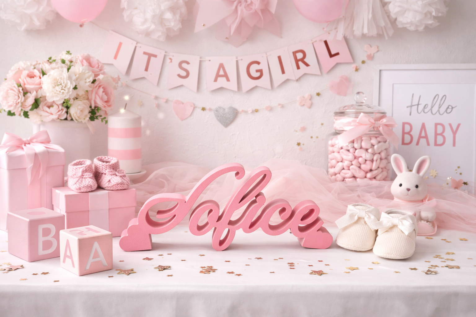 Baby shower setup with 'It's a Girl' banner, pink decorations, and baby shoes.