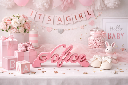 Baby shower setup with 'It's a Girl' banner, pink decorations, and baby shoes.