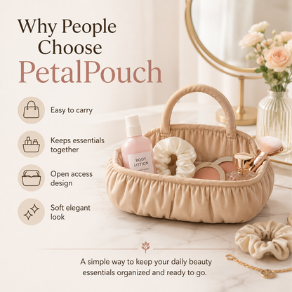 A beige gathered cosmetic bag labeled PetalPouch, shown on a marble surface with beauty items inside and promotional text on the left. The scene includes a mirror, flowers, and scrunchies in a styled interior setup.