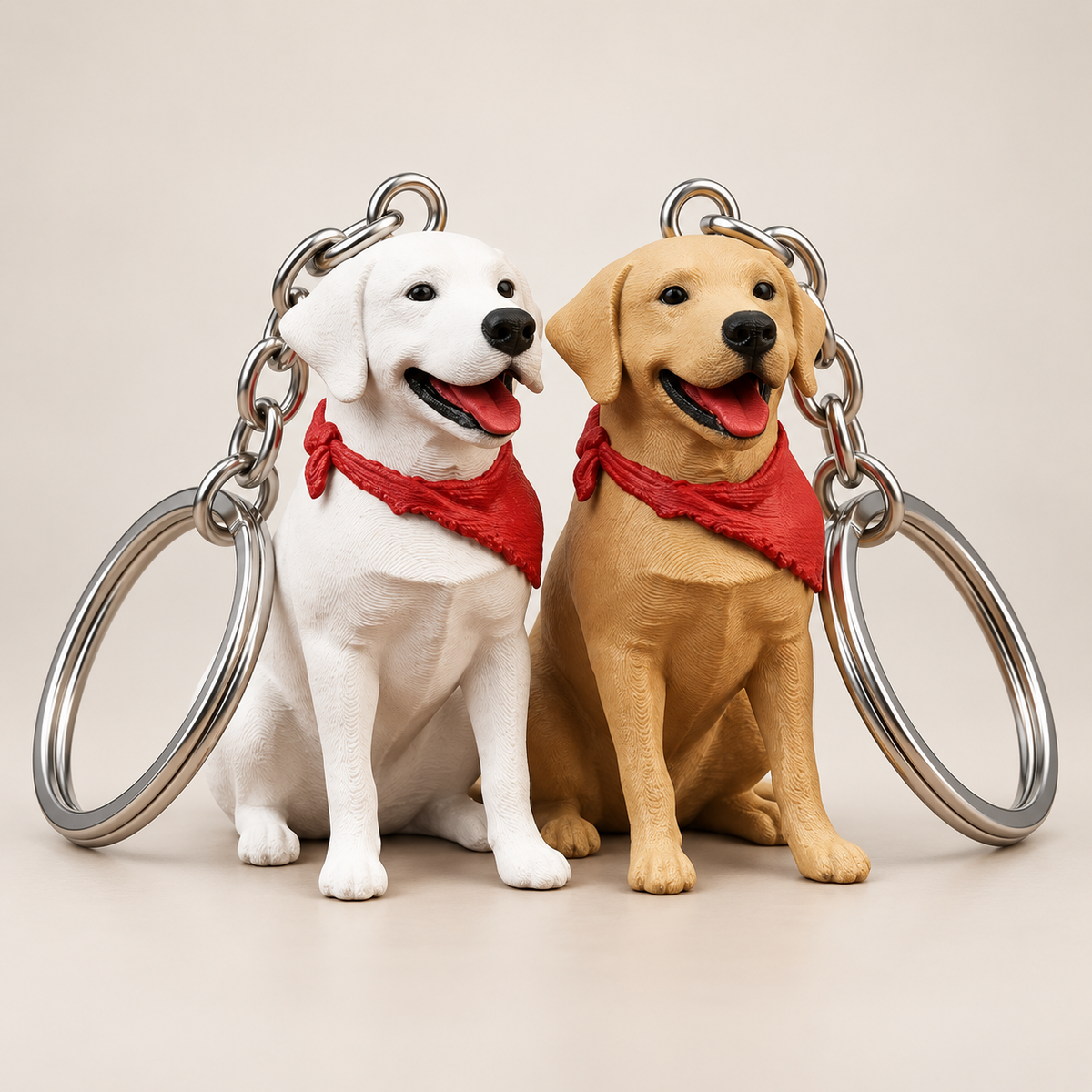 Two dog keychains shaped like sitting Labrador Retrievers, one white and one tan, each wearing a red bandana and attached to silver metal rings, on a plain beige background.