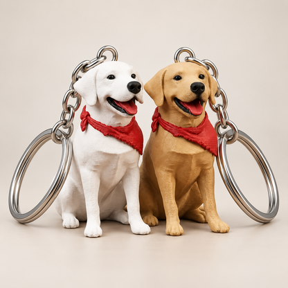 Two dog keychains shaped like sitting Labrador Retrievers, one white and one tan, each wearing a red bandana and attached to silver metal rings, on a plain beige background.