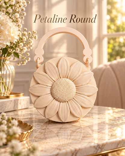 A cream-colored round handbag with a sunflower design, featuring textured petal-like details and a curved top handle, displayed on a marble table in a bright, elegant room with flowers in the background. The text 'Petaline Round' is visible at the top.