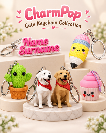 A set of cute keychain charms from CharmPop's 'Cute Keychain Collection' displayed on a neutral beige background. The collection includes a green cactus in a pot, a white dog and a yellow Labrador retriever wearing red bandanas, a pink cupcake, a yellow pencil, and a customizable name/surname plaque.