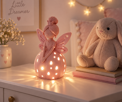 A pink fairy figurine sitting on a strawberry-shaped night light with glowing cutout windows, displayed on a bedside table next to a plush bunny toy and books in a cozy room setting.