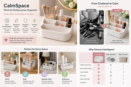 A promotional infographic for CalmSpace, a minimal multipurpose organizer. The layout features a before-and-after section showing a cluttered desk transformed into a tidy one, a grid of six lifestyle photos demonstrating the organizer in various settings (vanity, desk, bedside table, bathroom), and a feature comparison table against other brands.