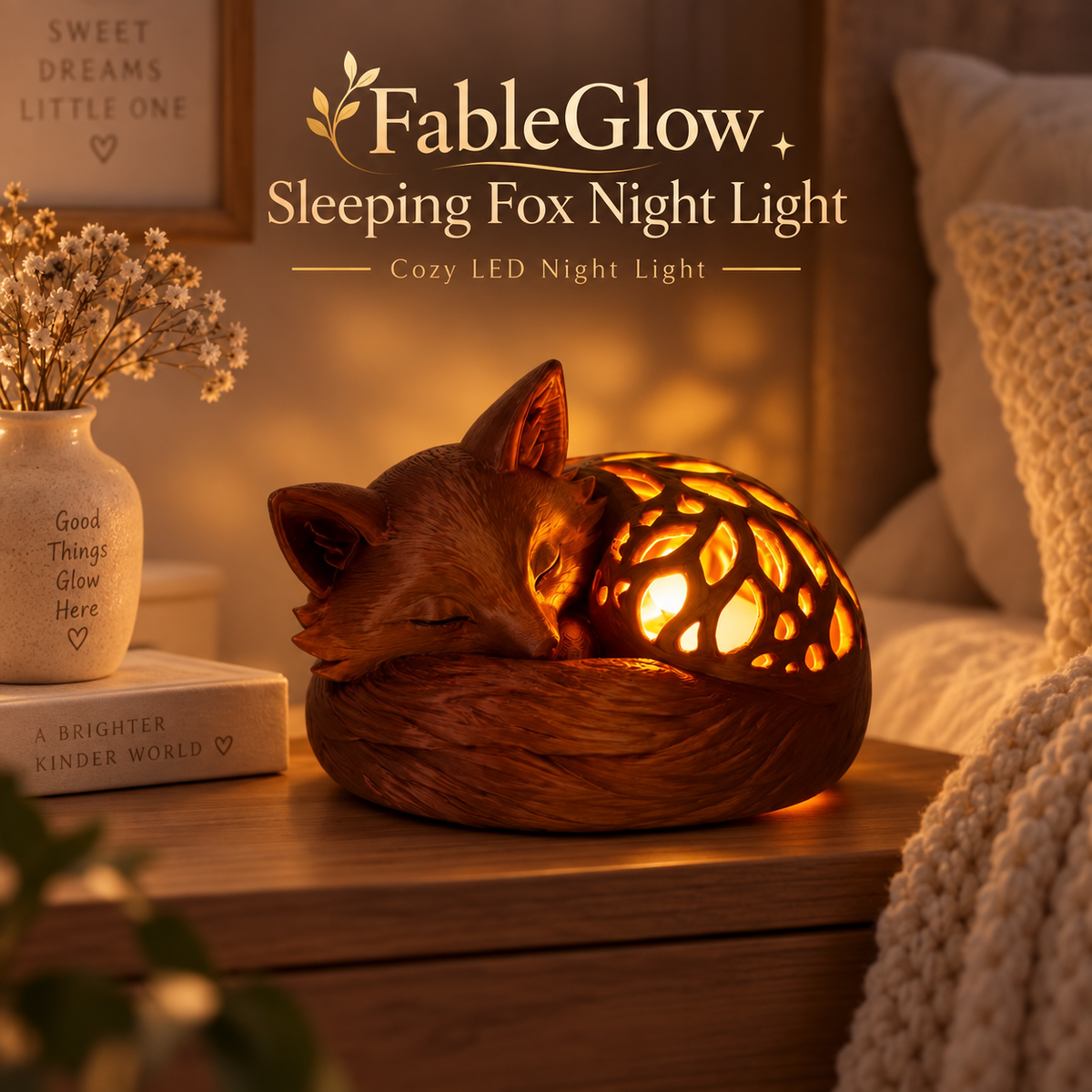 FableGlow sleeping fox night light in a cozy bedroom setting, casting a warm golden glow from its cutout body. The wooden-textured fox rests on a bedside table next to a vase of dried flowers and a knitted blanket.