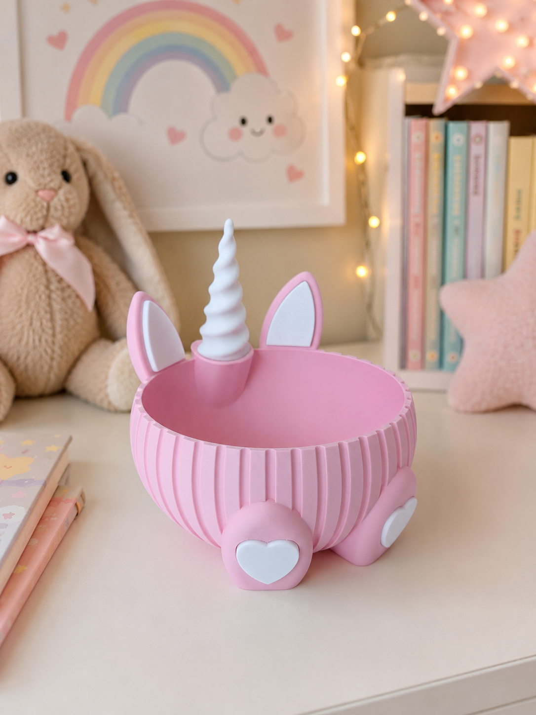 A pink unicorn-themed desk organizer shaped like a small car, with bunny ears, a white horn, and heart-shaped details, styled on a desk with a plush bunny, framed rainbow artwork, books, and warm fairy lights in the background.