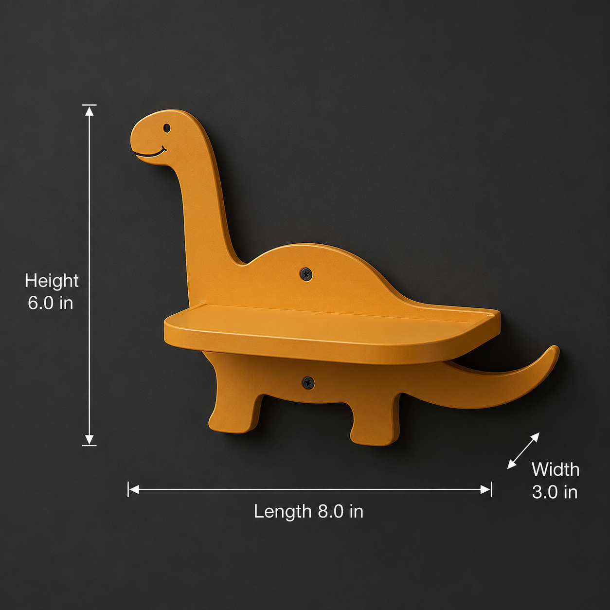 A mustard yellow dinosaur-shaped shelf mounted against a dark gray wall, with measurement arrows and text showing height 6.0 in, length 8.