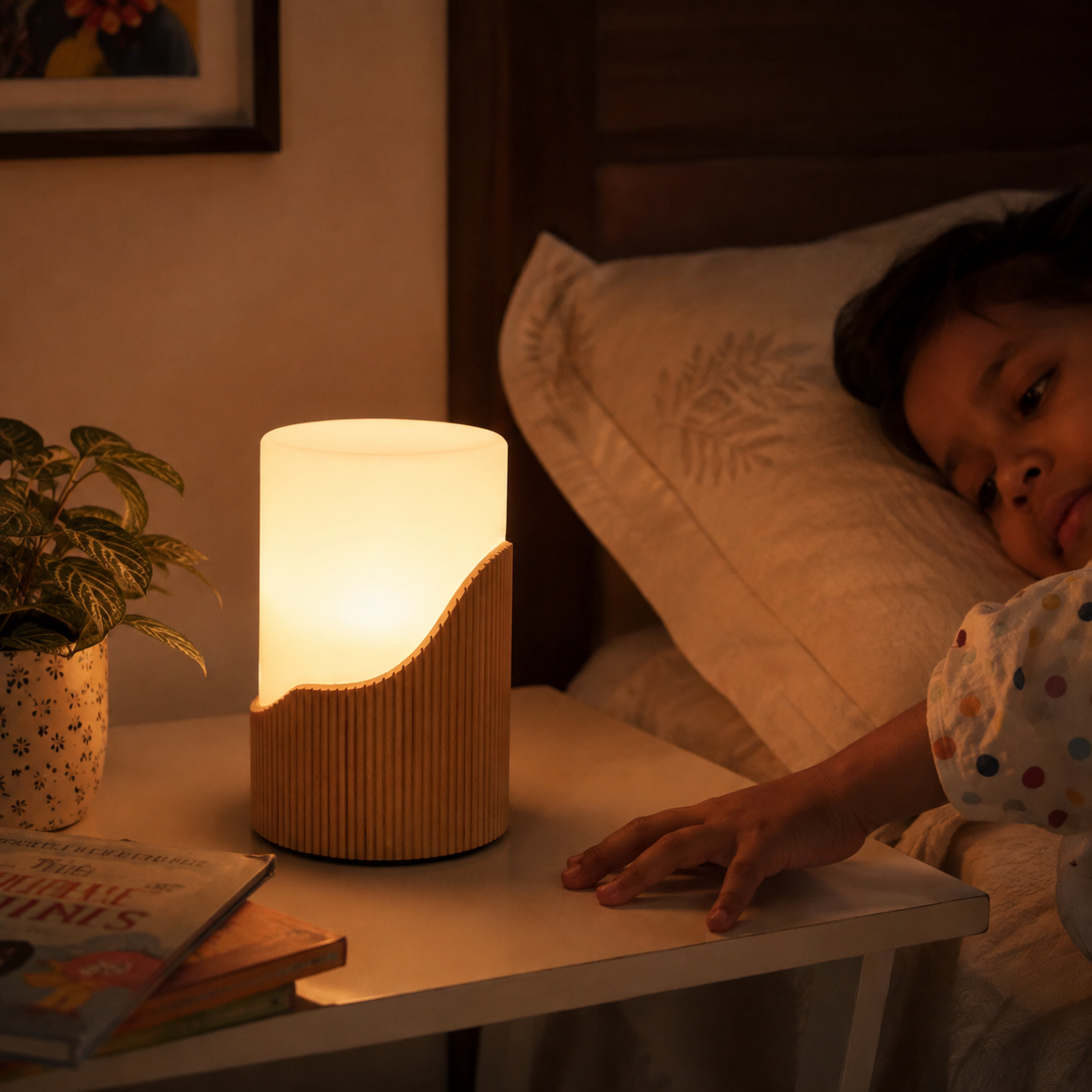 A child's bedside scene at night with a small cylindrical lamp glowing on a white table next to a bed. The lamp has a ribbed light wood base and a glowing white body.