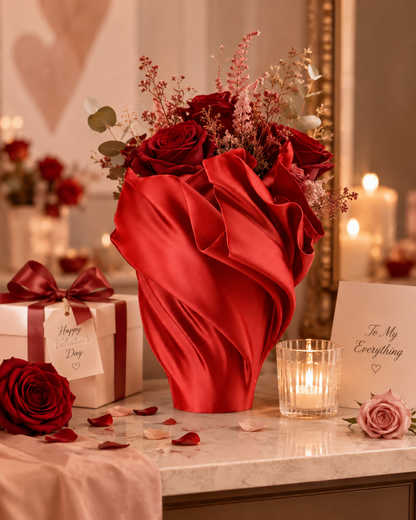 A romantic Valentine's Day floral arrangement featuring deep red roses wrapped in a shiny red satin bow, displayed on a marble table with a gift box, lit candle, and love card.
