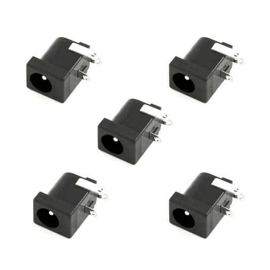 DC barrel jack female power connector set (5 pieces), PCB mount DC socket for Arduino, DIY electronics, power supply modules, isolated on white background